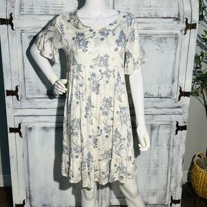 Chris & Carol Cream Blue Floral Cottagecore Made in USA Wms S Ruffle Hem Dress